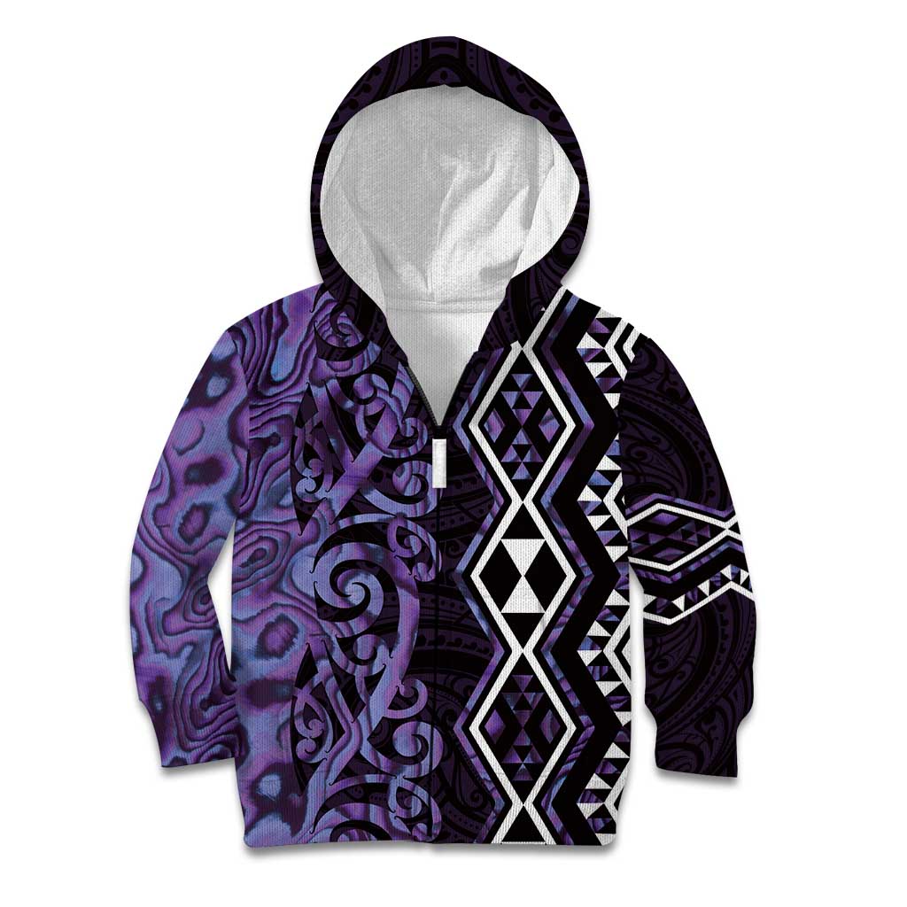 Purple Aotearoa Kid Hoodie Taniko Motifs With Paua Shell Kowhaiwhai