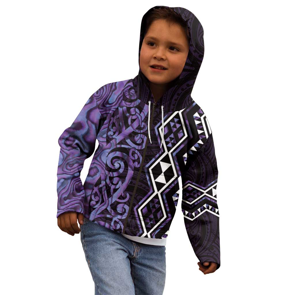Purple Aotearoa Kid Hoodie Taniko Motifs With Paua Shell Kowhaiwhai