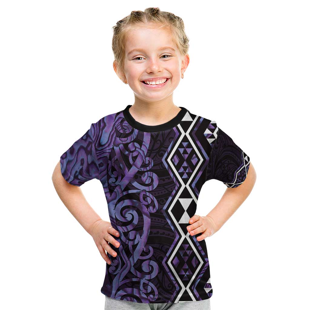 Purple Aotearoa Kid T Shirt Taniko Motifs With Paua Shell Kowhaiwhai LT14 Purple - Polynesian Pride