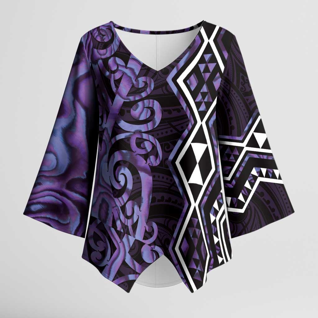 Purple Aotearoa Kimono Sleeve Blouse Taniko Motifs With Paua Shell Kowhaiwhai - Polynesian Pride