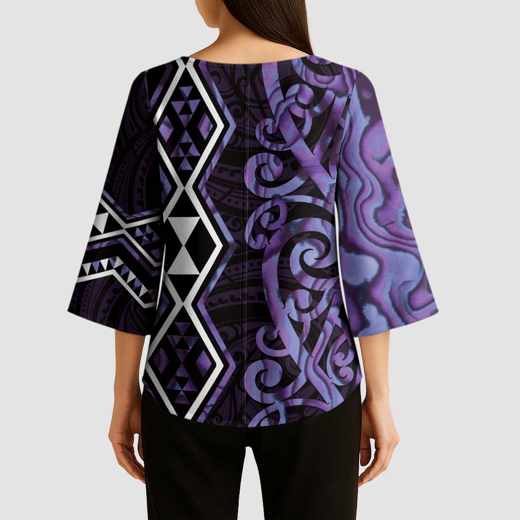 Purple Aotearoa Kimono Sleeve Blouse Taniko Motifs With Paua Shell Kowhaiwhai - Polynesian Pride