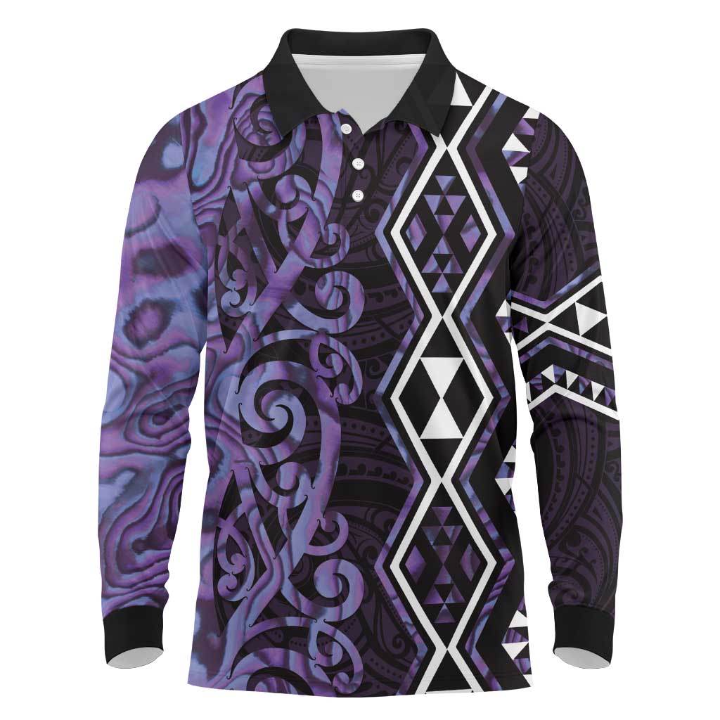 Purple Aotearoa Long Sleeve Polo Shirt Taniko Motifs With Paua Shell Kowhaiwhai LT14 Purple - Polynesian Pride