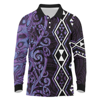 Purple Aotearoa Long Sleeve Polo Shirt Taniko Motifs With Paua Shell Kowhaiwhai LT14 Purple - Polynesian Pride