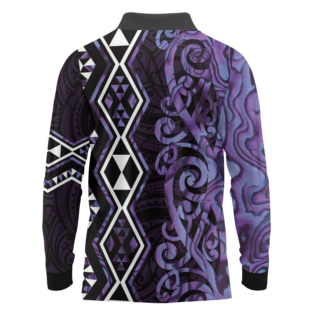 Purple Aotearoa Long Sleeve Polo Shirt Taniko Motifs With Paua Shell Kowhaiwhai LT14 - Polynesian Pride