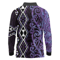 Purple Aotearoa Long Sleeve Polo Shirt Taniko Motifs With Paua Shell Kowhaiwhai LT14 - Polynesian Pride