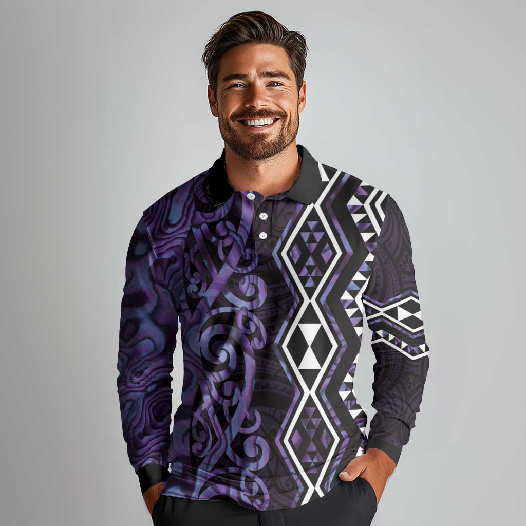 Purple Aotearoa Long Sleeve Polo Shirt Taniko Motifs With Paua Shell Kowhaiwhai LT14 - Polynesian Pride