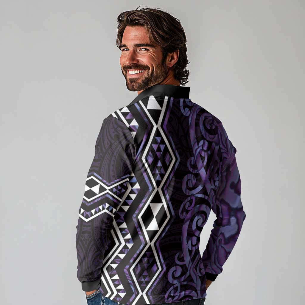 Purple Aotearoa Long Sleeve Polo Shirt Taniko Motifs With Paua Shell Kowhaiwhai LT14 - Polynesian Pride