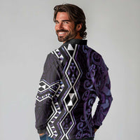 Purple Aotearoa Long Sleeve Polo Shirt Taniko Motifs With Paua Shell Kowhaiwhai LT14 - Polynesian Pride