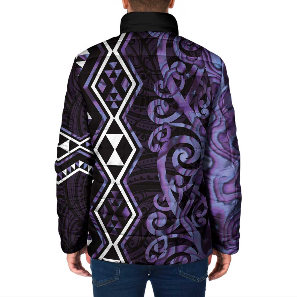 Purple Aotearoa Padded Jacket Taniko Motifs With Paua Shell Kowhaiwhai - Polynesian Pride