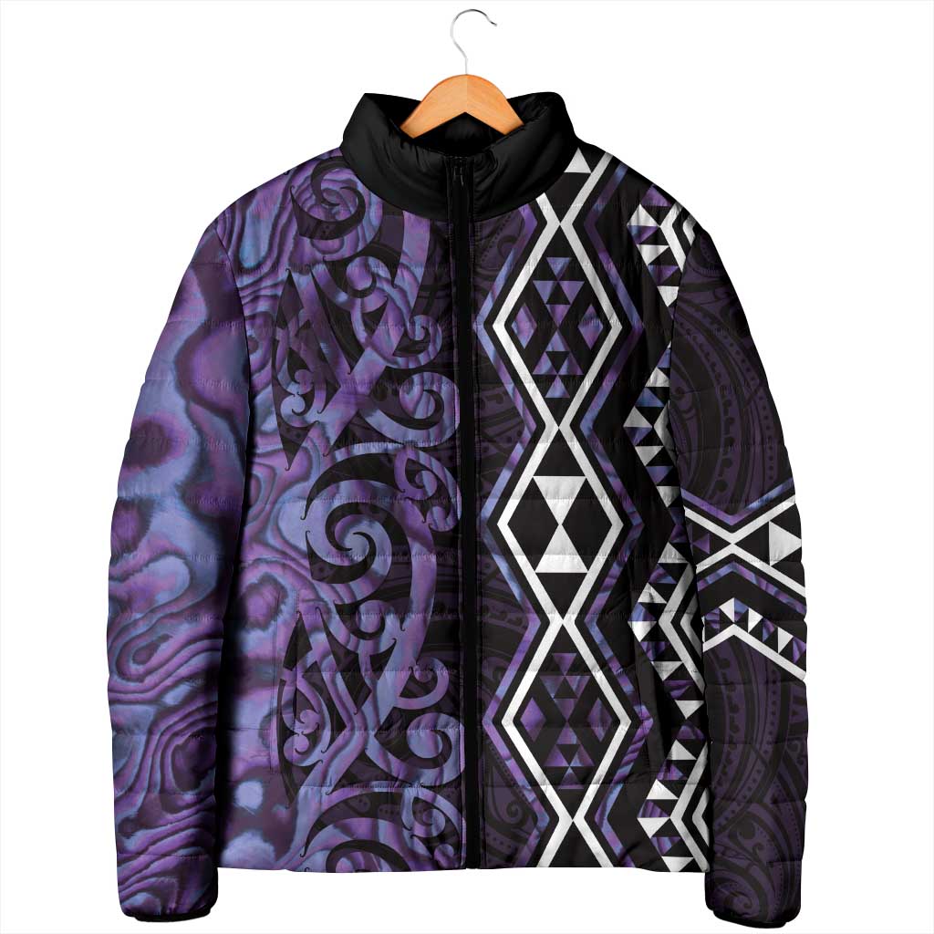 Purple Aotearoa Padded Jacket Taniko Motifs With Paua Shell Kowhaiwhai - Polynesian Pride