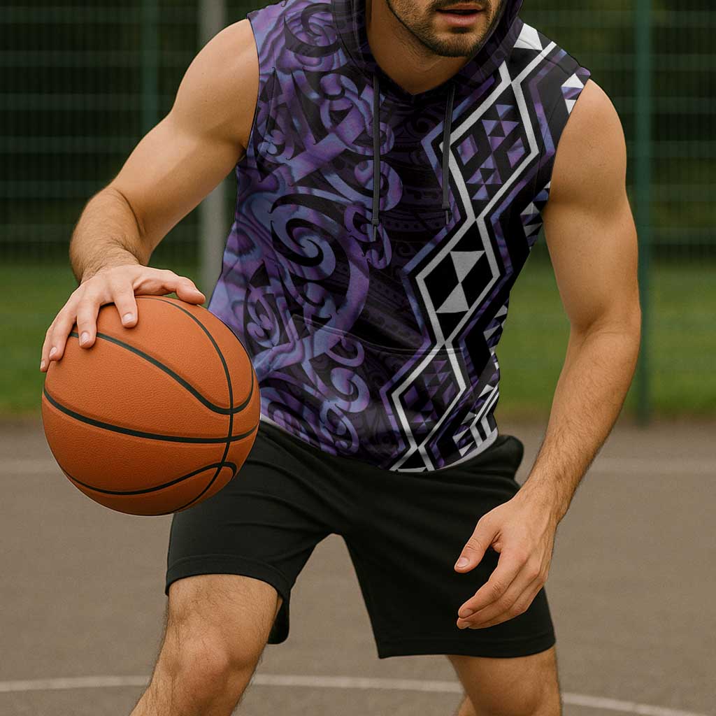 Purple Aotearoa Sleeveless Hoodie Taniko Motifs With Paua Shell Kowhaiwhai - Polynesian Pride