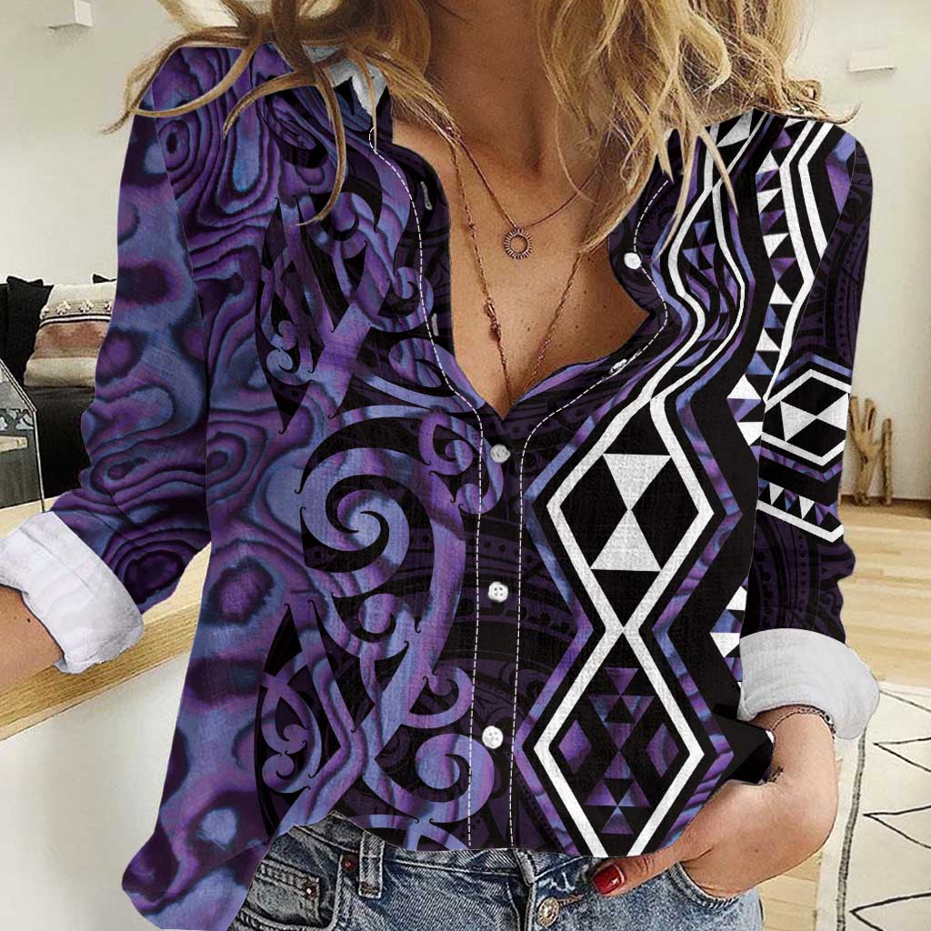 Purple Aotearoa Women Casual Shirt Taniko Motifs With Paua Shell Kowhaiwhai LT14 Female Purple - Polynesian Pride