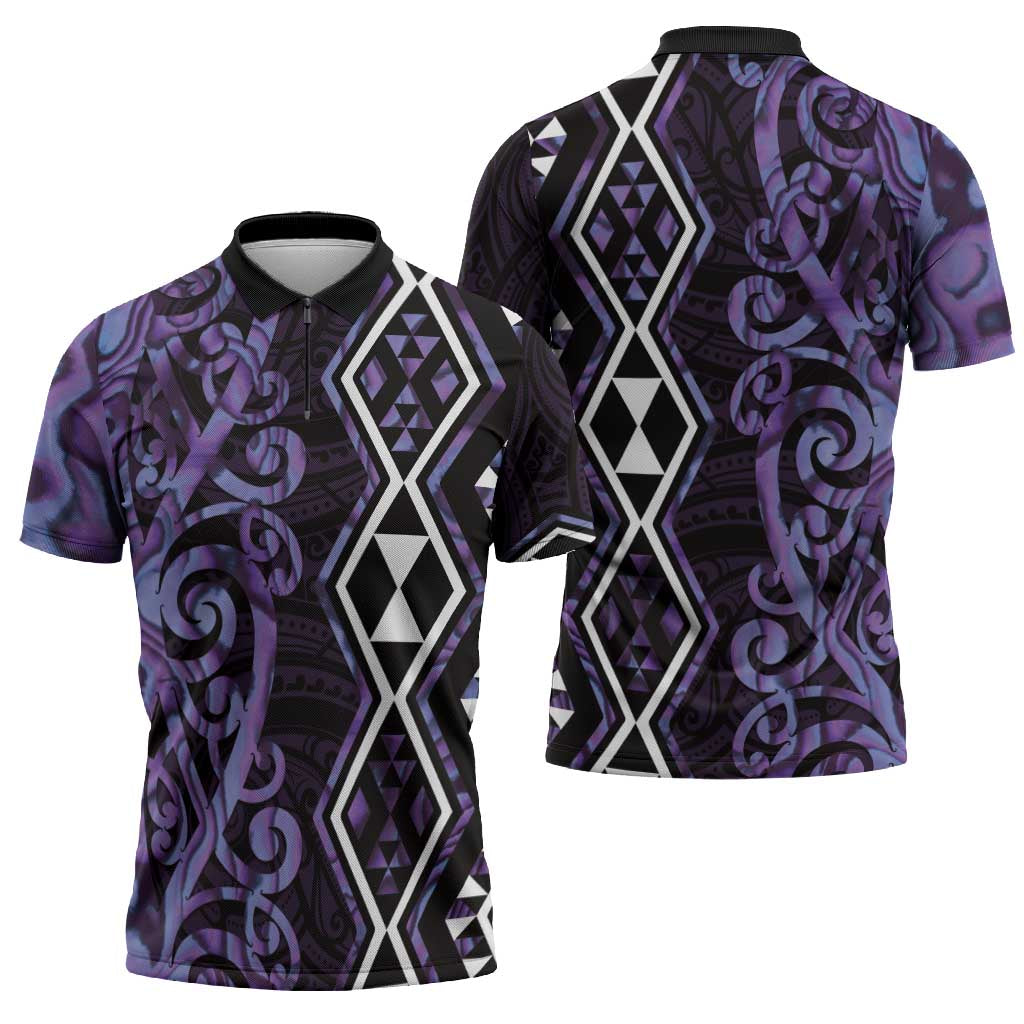 Purple Aotearoa Zipper Polo Shirt Taniko Motifs With Paua Shell Kowhaiwhai - Polynesian Pride