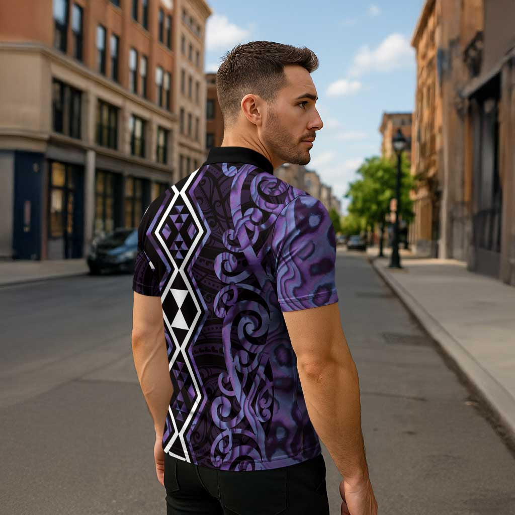Purple Aotearoa Zipper Polo Shirt Taniko Motifs With Paua Shell Kowhaiwhai - Polynesian Pride