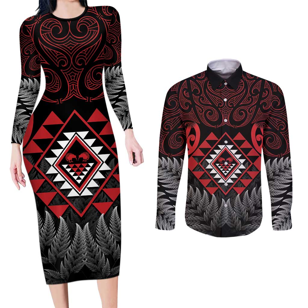 Aotearoa Kiwi Taniko Couples Matching Long Sleeve Bodycon Dress and Long Sleeve Button Shirt Silver Fern With Maori Koru Pattern LT14 Red - Polynesian Pride