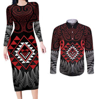 Aotearoa Kiwi Taniko Couples Matching Long Sleeve Bodycon Dress and Long Sleeve Button Shirt Silver Fern With Maori Koru Pattern LT14 Red - Polynesian Pride