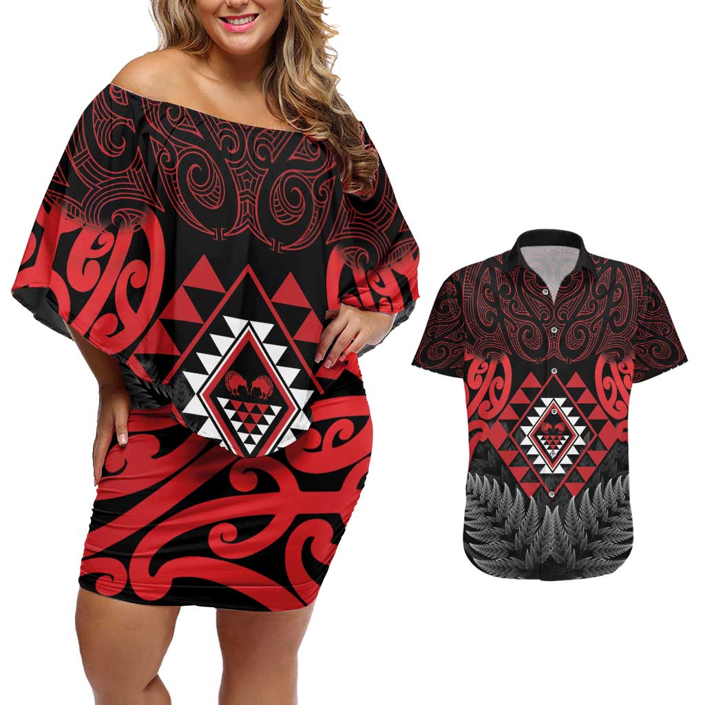 Aotearoa Kiwi Taniko Couples Matching Off Shoulder Short Dress and Hawaiian Shirt Silver Fern With Maori Koru Pattern LT14 Red - Polynesian Pride