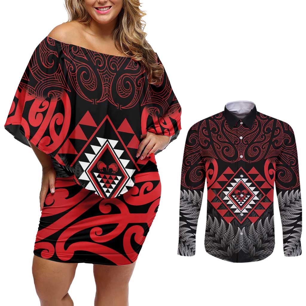 Aotearoa Kiwi Taniko Couples Matching Off Shoulder Short Dress and Long Sleeve Button Shirt Silver Fern With Maori Koru Pattern LT14 Red - Polynesian Pride