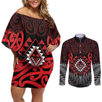 Aotearoa Kiwi Taniko Couples Matching Off Shoulder Short Dress and Long Sleeve Button Shirt Silver Fern With Maori Koru Pattern LT14 Red - Polynesian Pride