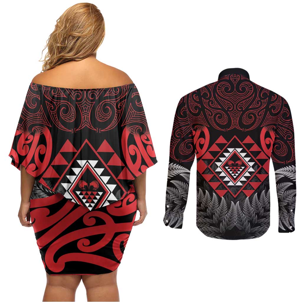 Aotearoa Kiwi Taniko Couples Matching Off Shoulder Short Dress and Long Sleeve Button Shirt Silver Fern With Maori Koru Pattern LT14 - Polynesian Pride