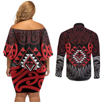 Aotearoa Kiwi Taniko Couples Matching Off Shoulder Short Dress and Long Sleeve Button Shirt Silver Fern With Maori Koru Pattern LT14 - Polynesian Pride