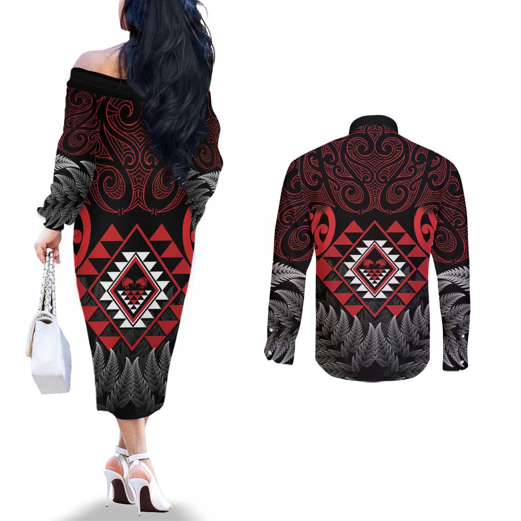 Aotearoa Kiwi Taniko Couples Matching Off The Shoulder Long Sleeve Dress and Long Sleeve Button Shirt Silver Fern With Maori Koru Pattern LT14 - Polynesian Pride