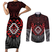 Aotearoa Kiwi Taniko Couples Matching Short Sleeve Bodycon Dress and Long Sleeve Button Shirt Silver Fern With Maori Koru Pattern LT14 Red - Polynesian Pride