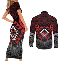 Aotearoa Kiwi Taniko Couples Matching Short Sleeve Bodycon Dress and Long Sleeve Button Shirt Silver Fern With Maori Koru Pattern LT14 - Polynesian Pride