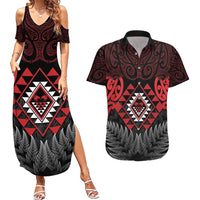 Aotearoa Kiwi Taniko Couples Matching Summer Maxi Dress and Hawaiian Shirt Silver Fern With Maori Koru Pattern LT14 Red - Polynesian Pride