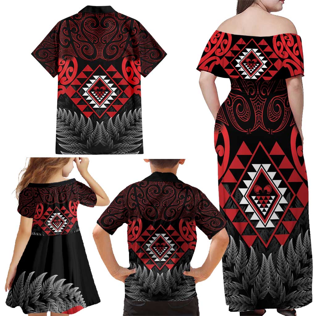 Aotearoa Kiwi Taniko Family Matching Off Shoulder Maxi Dress and Hawaiian Shirt Silver Fern With Maori Koru Pattern LT14 - Polynesian Pride