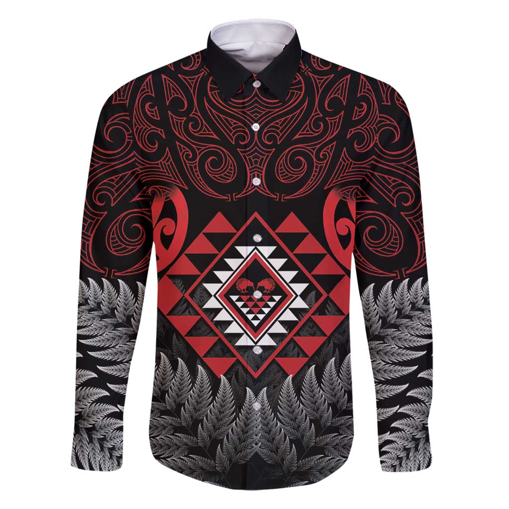 Aotearoa Kiwi Taniko Family Matching Off Shoulder Maxi Dress and Hawaiian Shirt Silver Fern With Maori Koru Pattern LT14 Dad's Shirt - Long Sleeve Red - Polynesian Pride