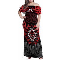 Aotearoa Kiwi Taniko Family Matching Off Shoulder Maxi Dress and Hawaiian Shirt Silver Fern With Maori Koru Pattern LT14 Mom's Dress Red - Polynesian Pride