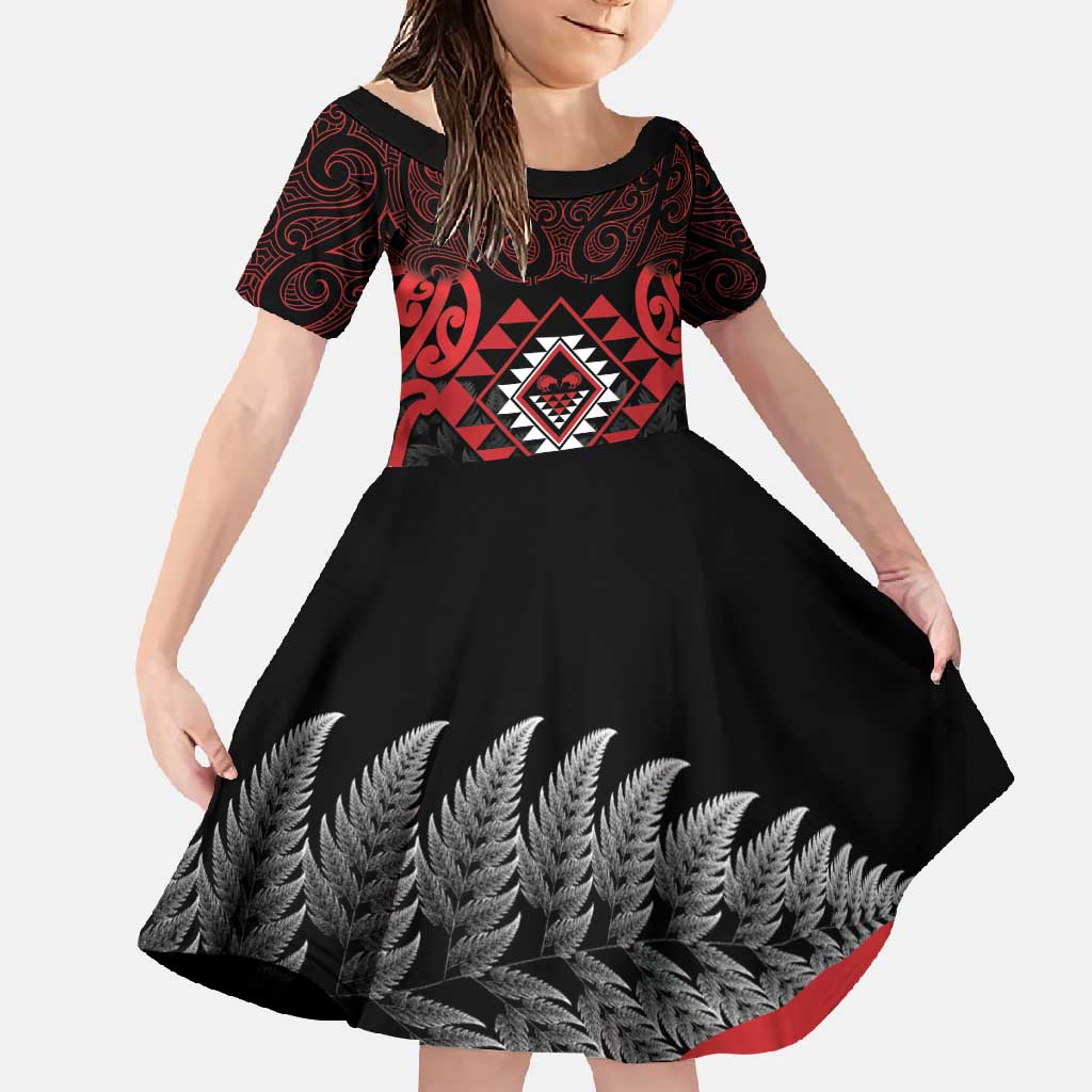 Aotearoa Kiwi Taniko Family Matching Summer Maxi Dress and Hawaiian Shirt Silver Fern With Maori Koru Pattern LT14 Daughter's Dress Red - Polynesian Pride