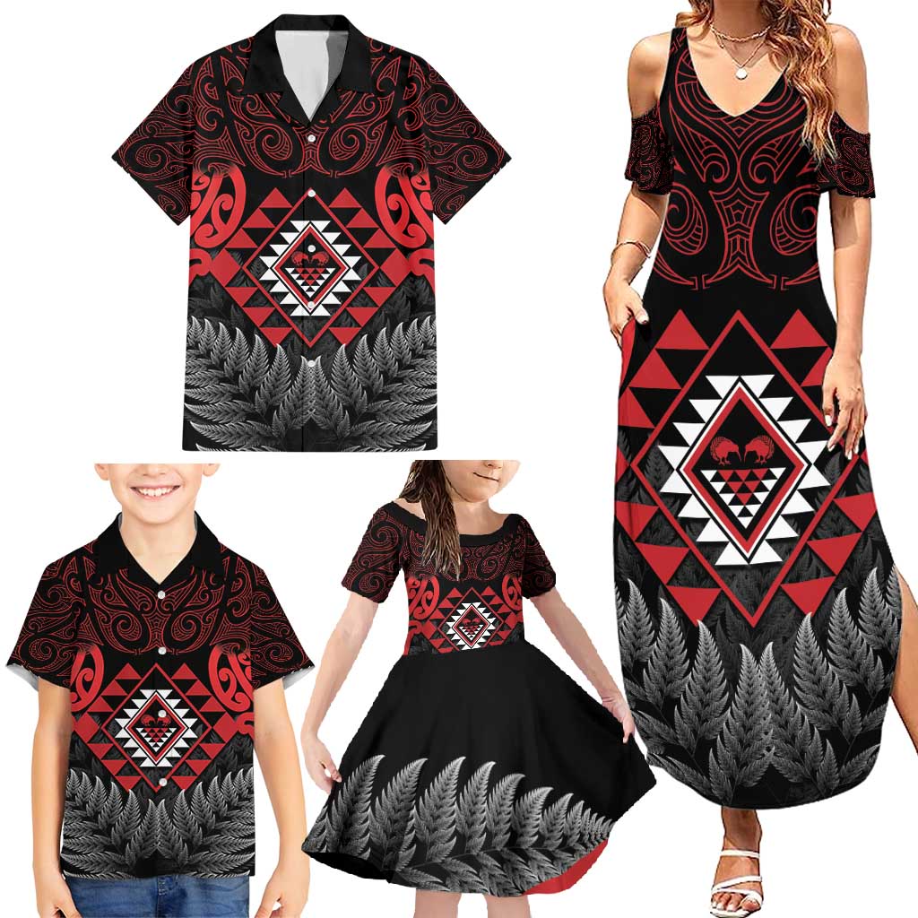 Aotearoa Kiwi Taniko Family Matching Summer Maxi Dress and Hawaiian Shirt Silver Fern With Maori Koru Pattern LT14 - Polynesian Pride