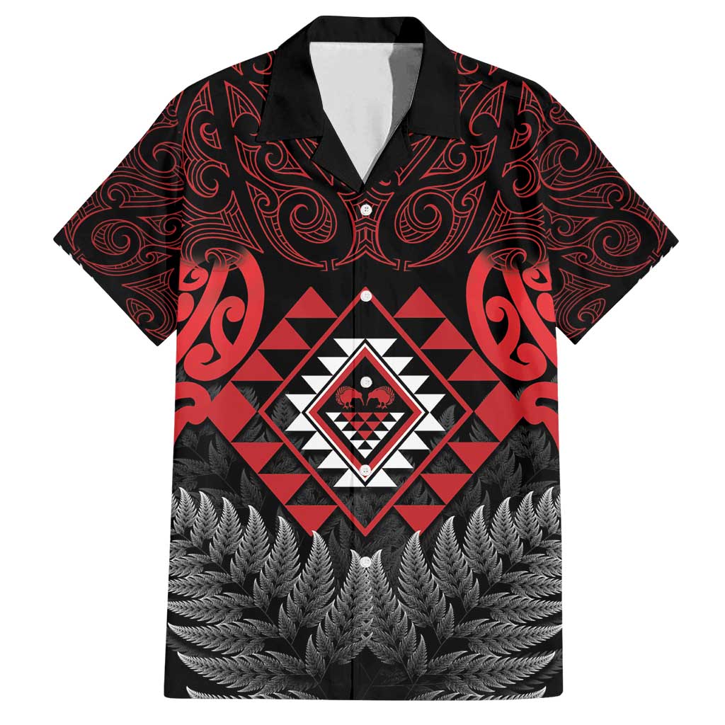 Aotearoa Kiwi Taniko Family Matching Summer Maxi Dress and Hawaiian Shirt Silver Fern With Maori Koru Pattern LT14 Dad's Shirt - Short Sleeve Red - Polynesian Pride