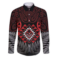 Aotearoa Kiwi Taniko Family Matching Summer Maxi Dress and Hawaiian Shirt Silver Fern With Maori Koru Pattern LT14 Dad's Shirt - Long Sleeve Red - Polynesian Pride