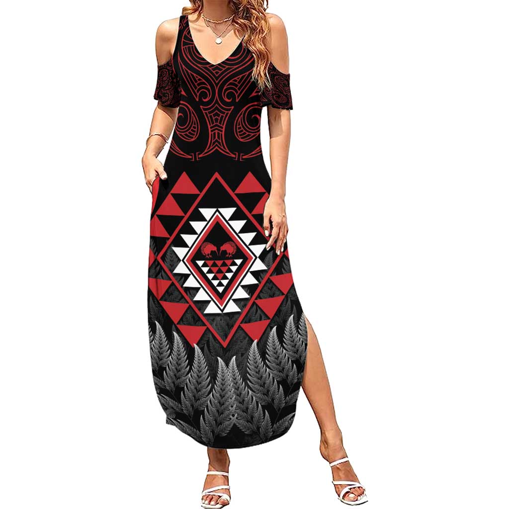 Aotearoa Kiwi Taniko Family Matching Summer Maxi Dress and Hawaiian Shirt Silver Fern With Maori Koru Pattern LT14 Mom's Dress Red - Polynesian Pride