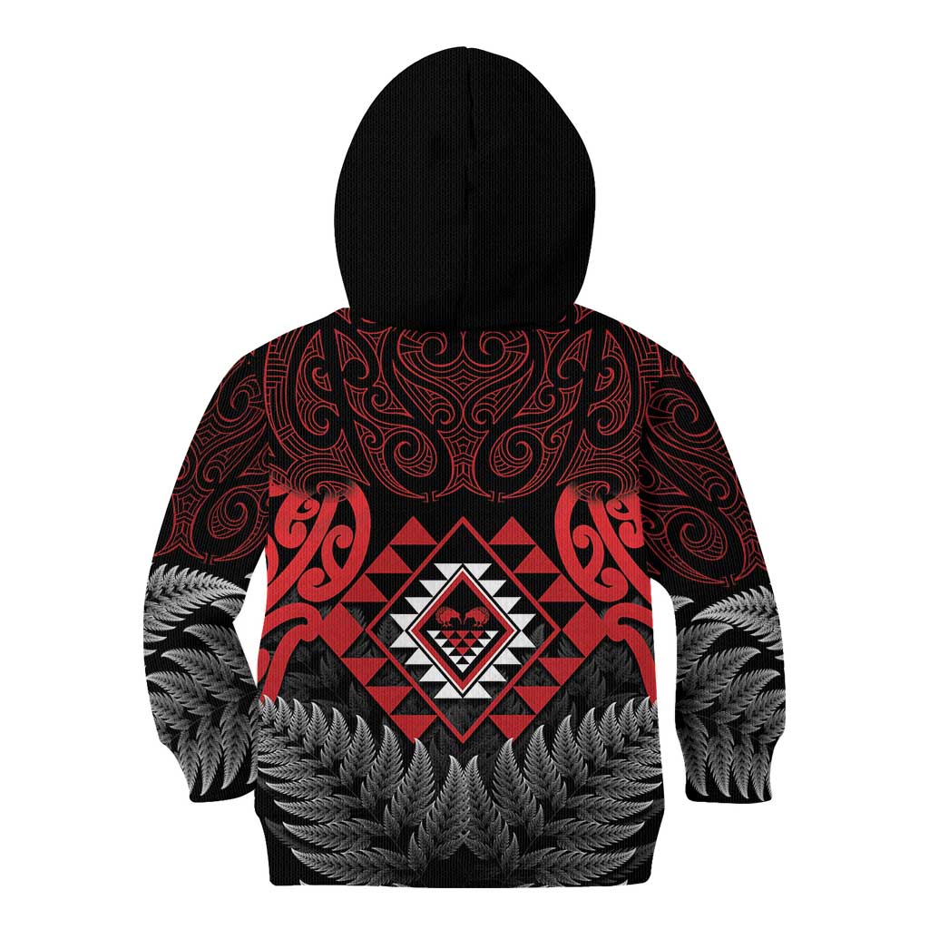 Aotearoa Kiwi Taniko Kid Hoodie Silver Fern With Maori Koru Pattern