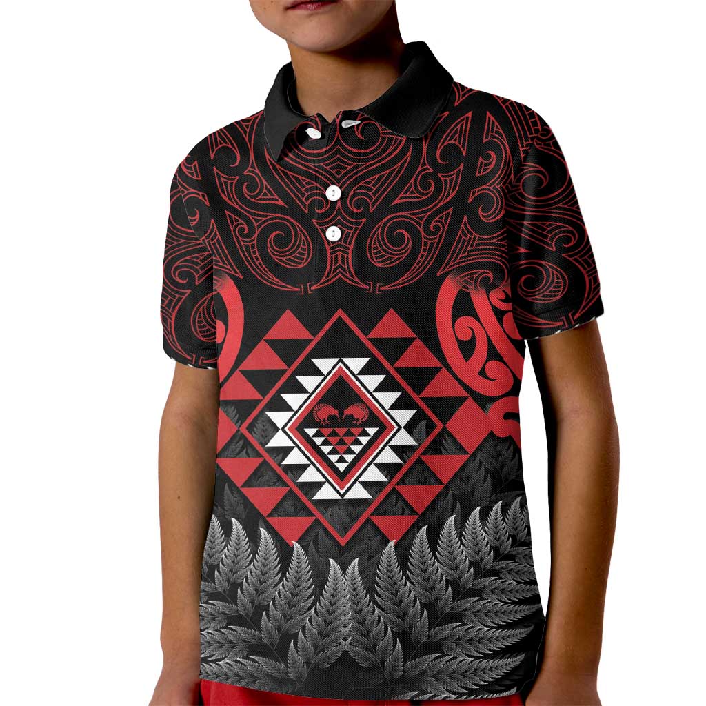 Aotearoa Kiwi Taniko Kid Polo Shirt Silver Fern With Maori Koru Pattern LT14 Kid Red - Polynesian Pride