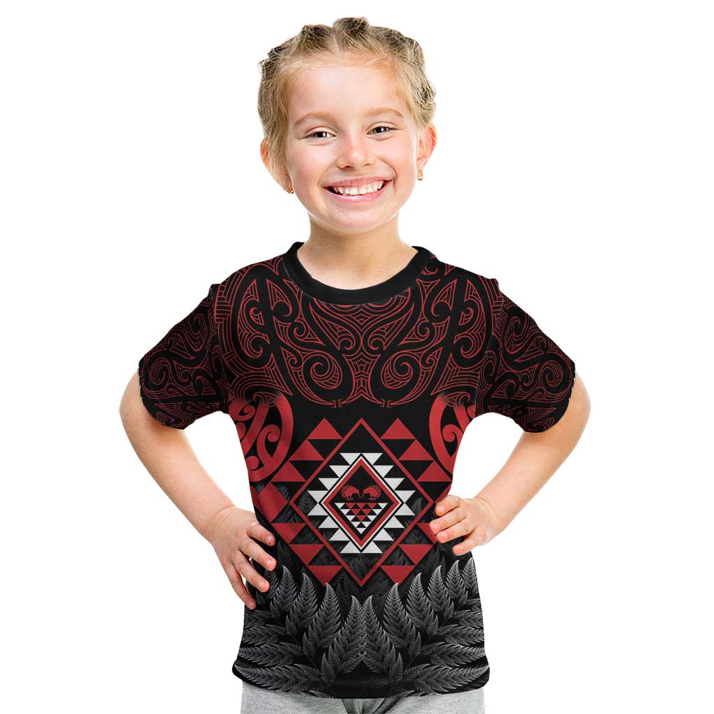 Aotearoa Kiwi Taniko Kid T Shirt Silver Fern With Maori Koru Pattern LT14 Red - Polynesian Pride