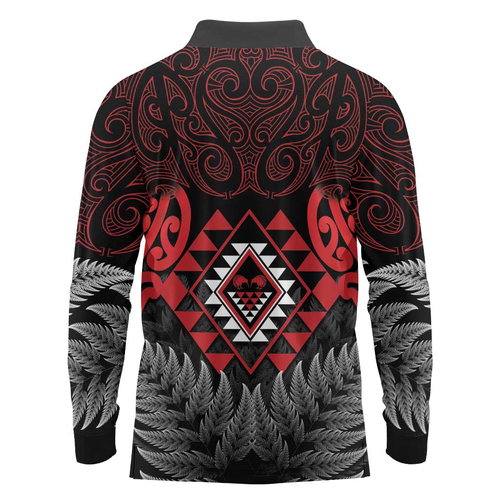 Aotearoa Kiwi Taniko Long Sleeve Polo Shirt Silver Fern With Maori Koru Pattern