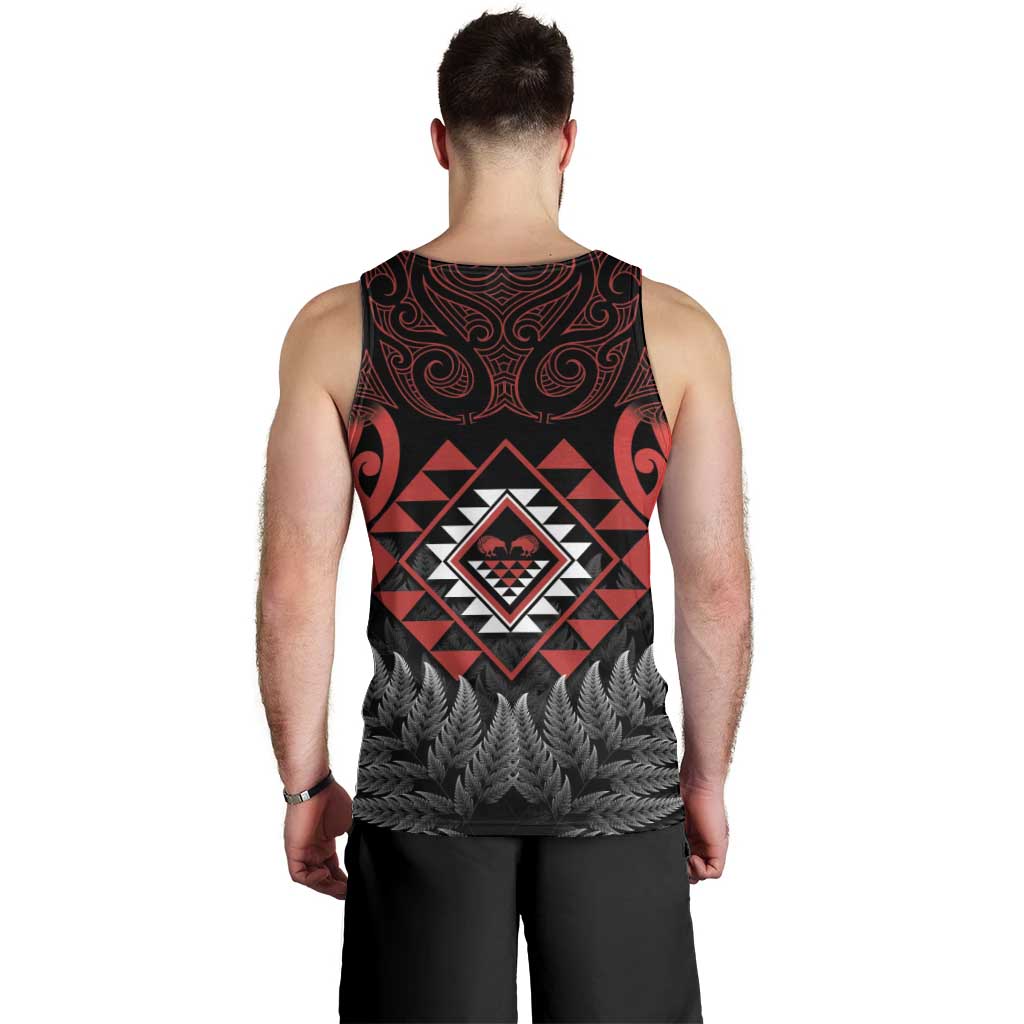 Aotearoa Kiwi Taniko Men Tank Top Silver Fern With Maori Koru Pattern