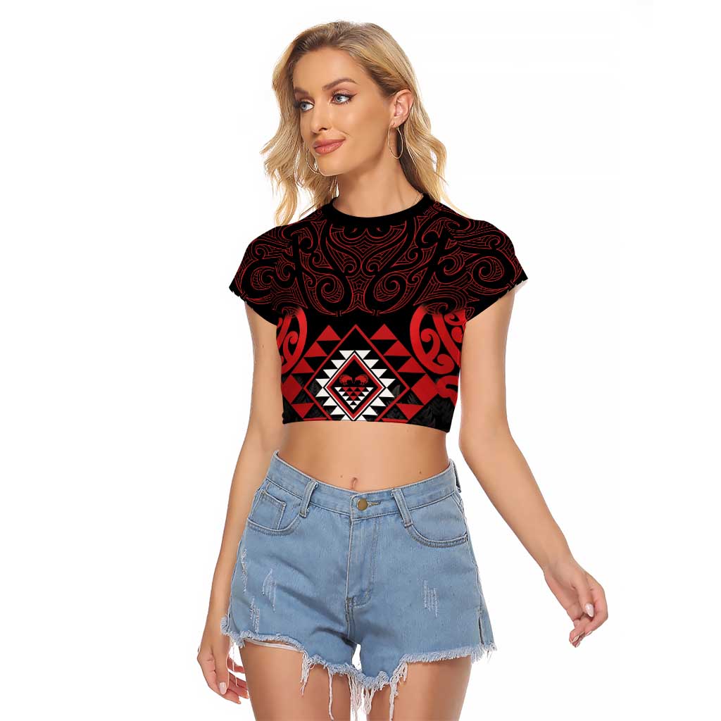Aotearoa Kiwi Taniko Raglan Cropped T Shirt Silver Fern With Maori Koru Pattern LT14 Female Red - Polynesian Pride