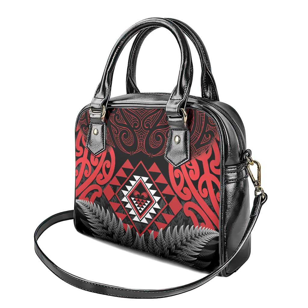 Aotearoa Kiwi Taniko Shoulder Handbag Silver Fern With Maori Koru Pattern