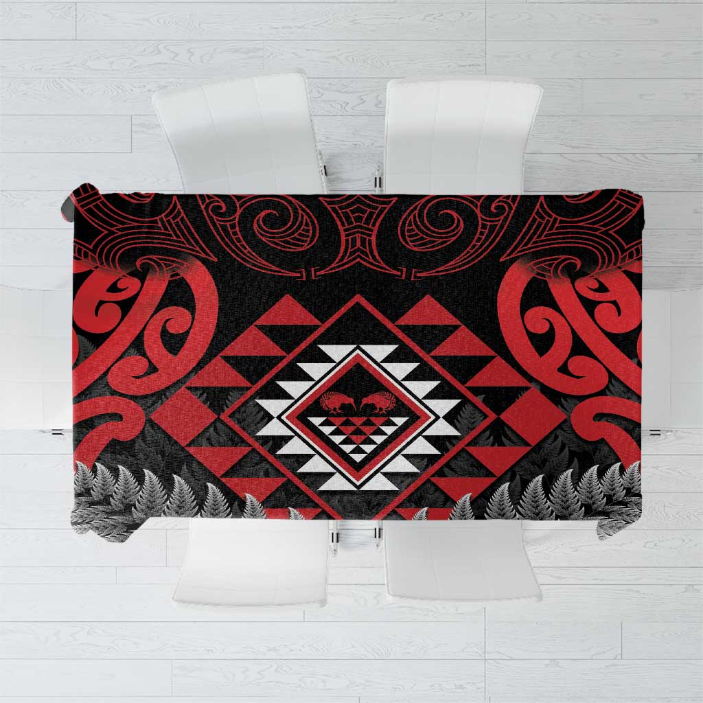 Aotearoa Kiwi Taniko Tablecloth Silver Fern With Maori Koru Pattern LT14 Red - Polynesian Pride
