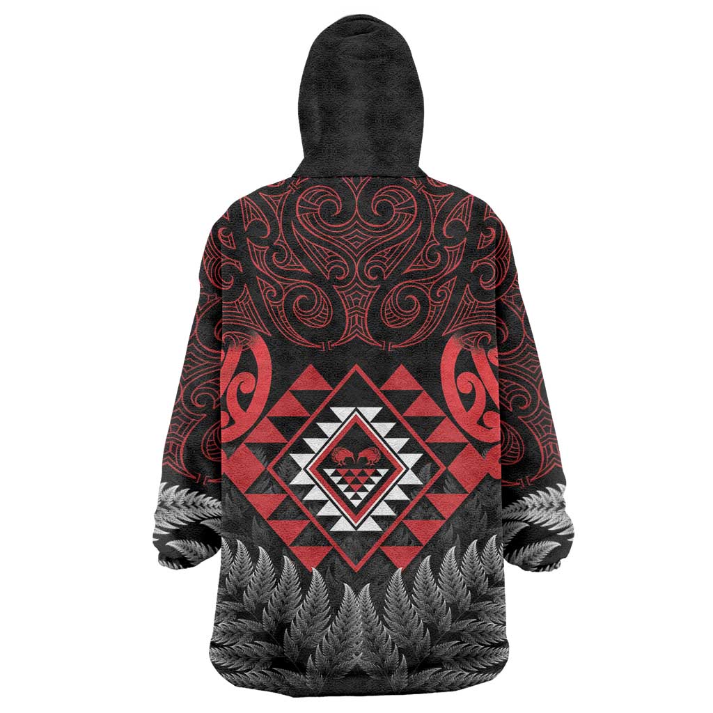 Aotearoa Kiwi Taniko Wearable Blanket Hoodie Silver Fern With Maori Koru Pattern