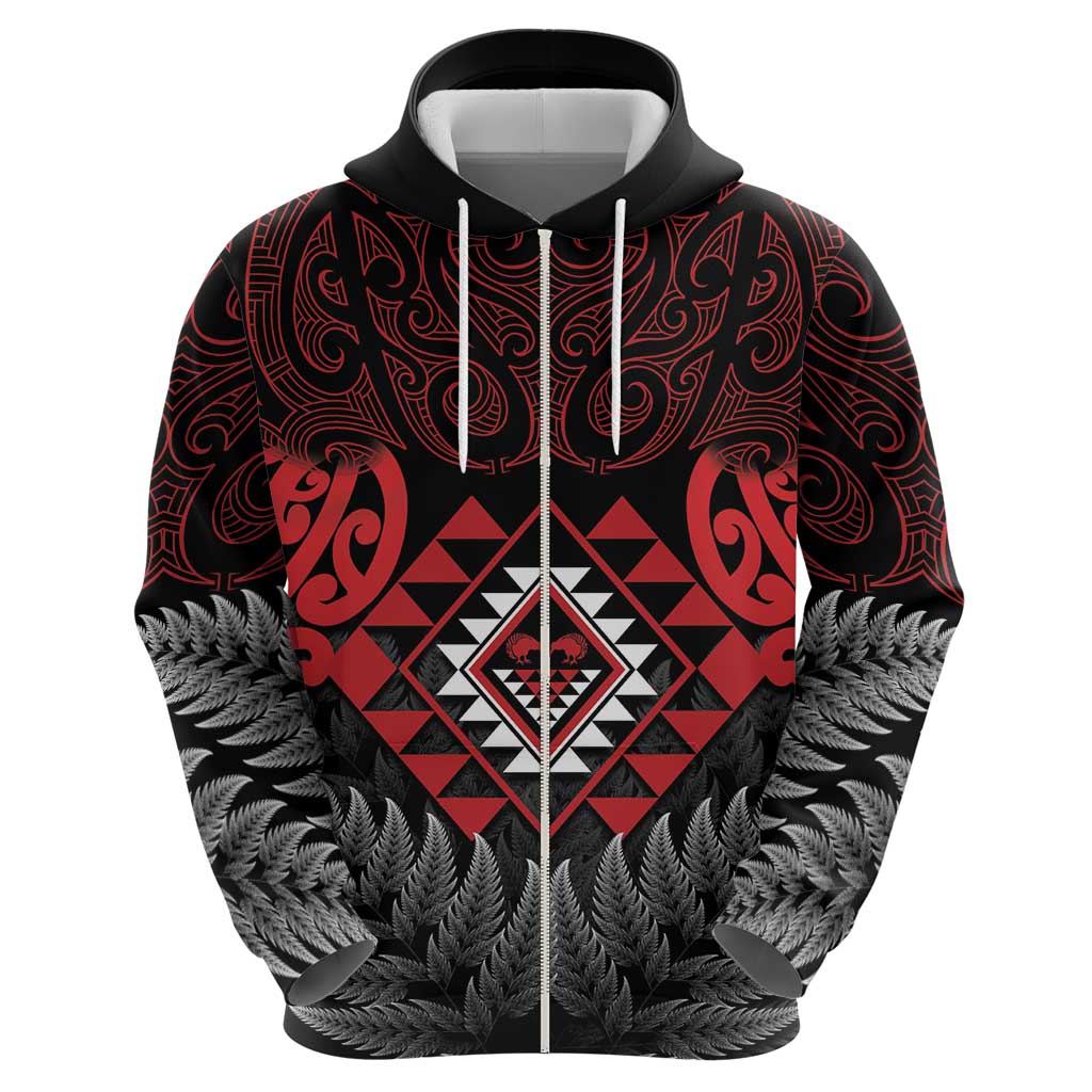 Aotearoa Kiwi Taniko Zip Hoodie Silver Fern With Maori Koru Pattern