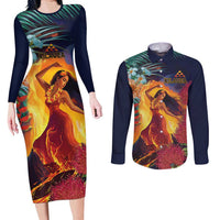 Hawaii Kilauea Big Islands Couples Matching Long Sleeve Bodycon Dress and Long Sleeve Button Shirt Pele Goddess With Tropical Flowers LT14 Art - Polynesian Pride