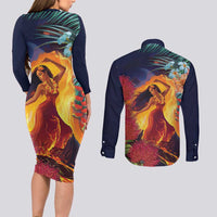 Hawaii Kilauea Big Islands Couples Matching Long Sleeve Bodycon Dress and Long Sleeve Button Shirt Pele Goddess With Tropical Flowers LT14 - Polynesian Pride