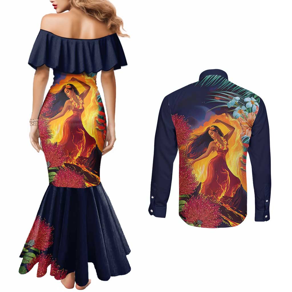 Hawaii Kilauea Big Islands Couples Matching Mermaid Dress and Long Sleeve Button Shirt Pele Goddess With Tropical Flowers LT14 - Polynesian Pride